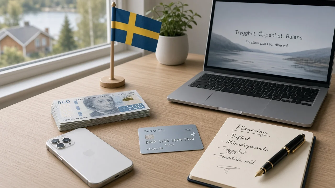 Skrivbord med svenska kronor, bankkort och svensk flagga