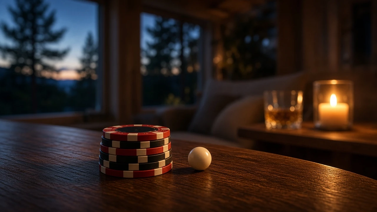 Casinochips och roulettekula på ett träbord i varmt svenskt vardagsrumsljus