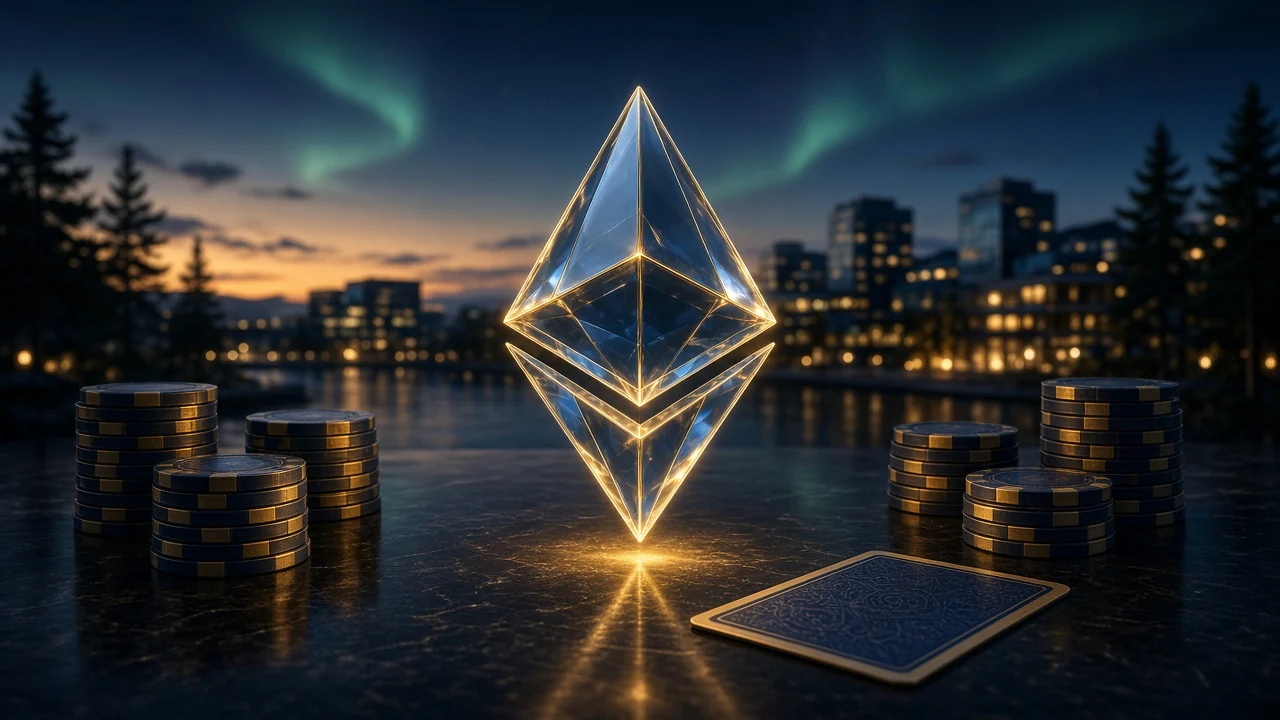 Ethereum-symbol och marker i blå-gyllene svensk vinteratmosfär med norrsken