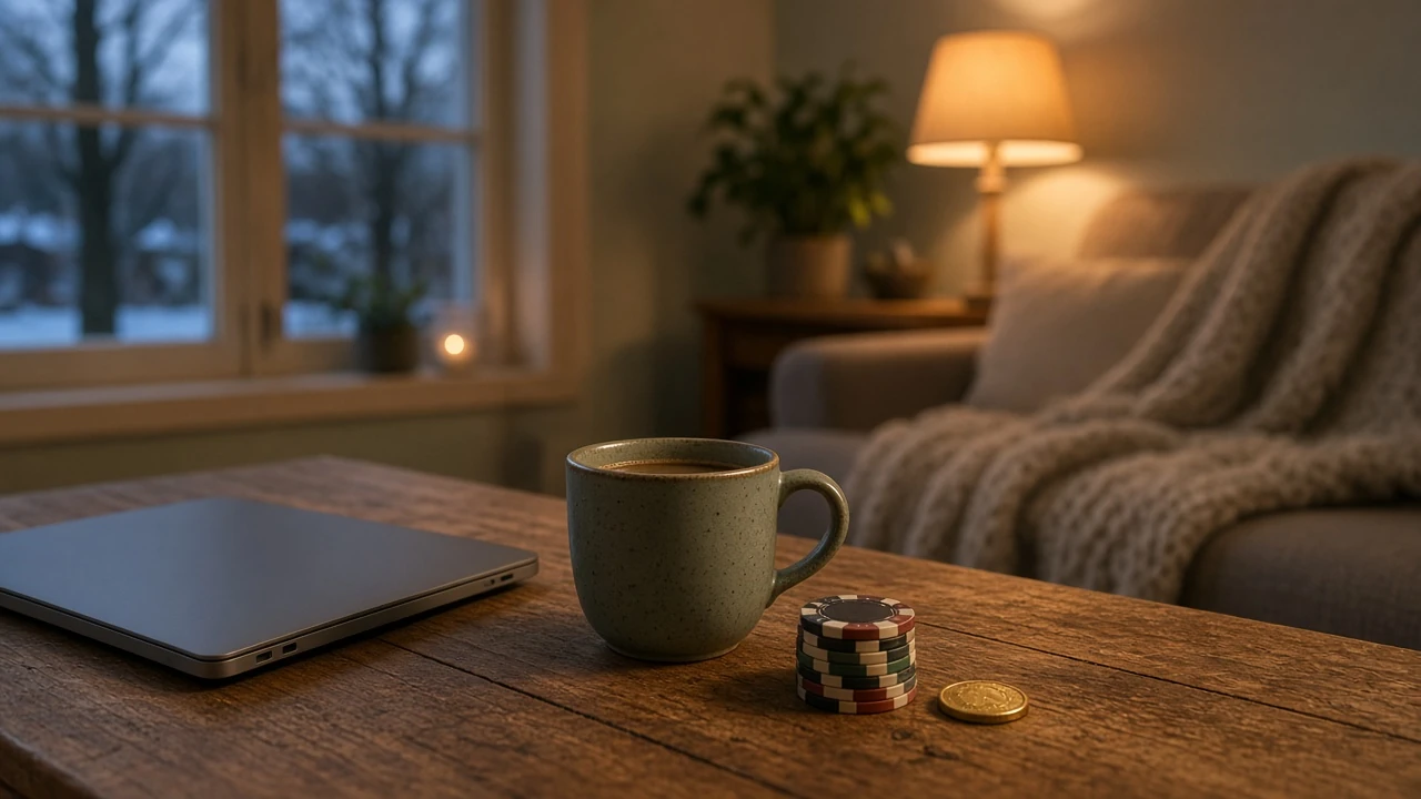 Stängd laptop, kaffekopp och casinotärningar på soffbord i svenskt vardagsrum