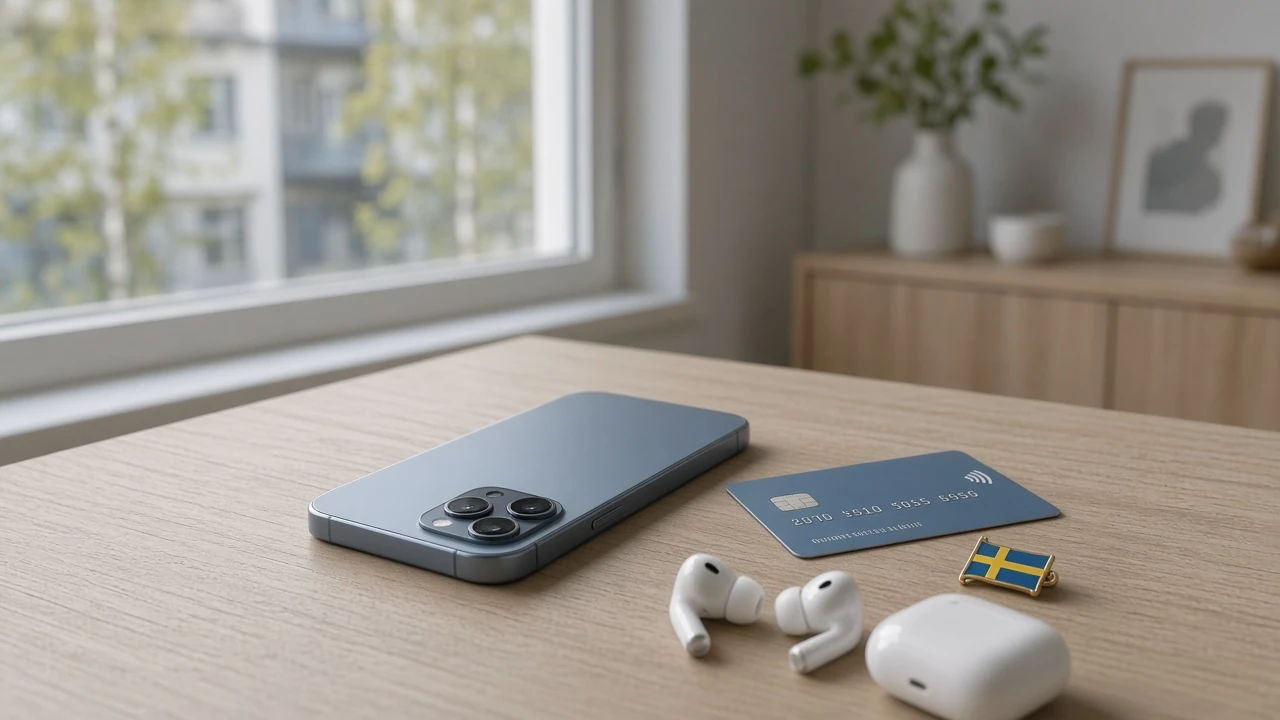 Smarttelefon och betalkort på skandinaviskt skrivbord