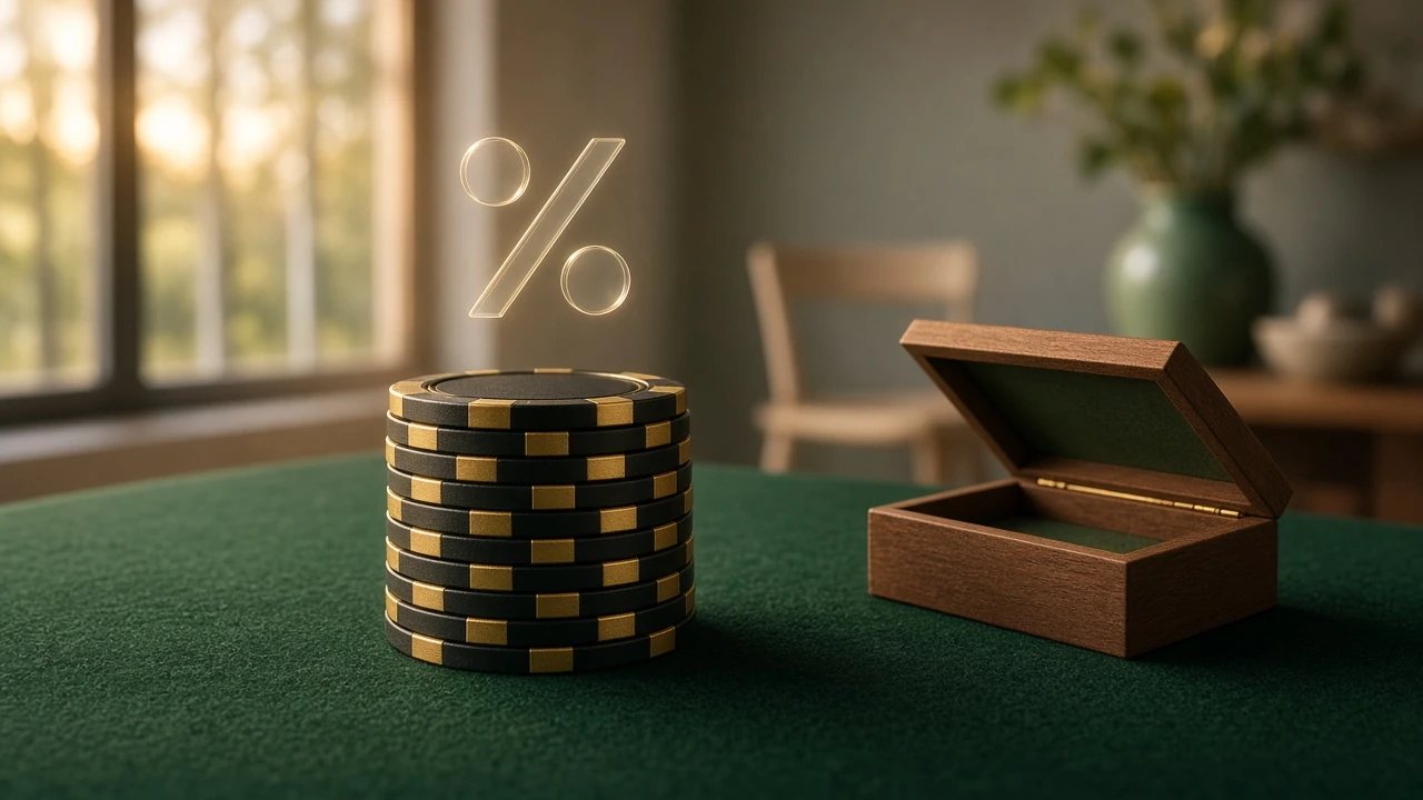 Stapel med casinofigurer och en procentsymbol på grönt filtunderlag