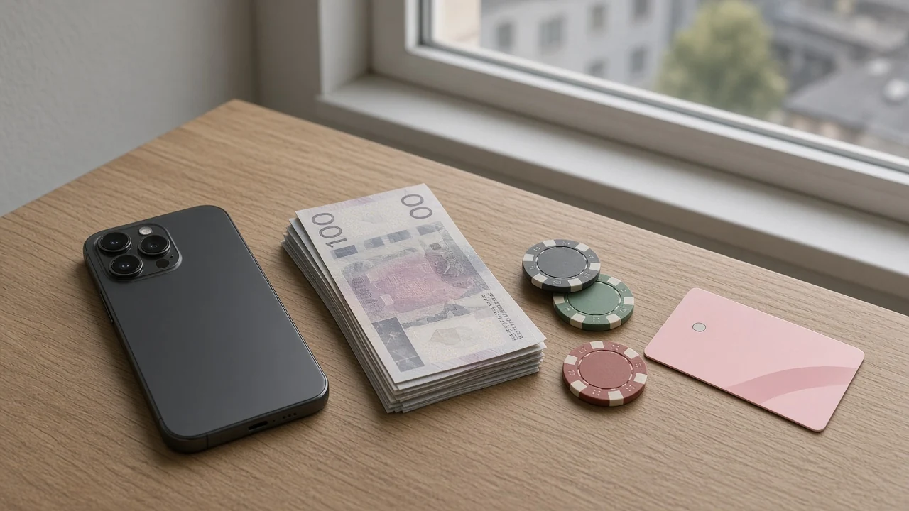 Telefon, svenska sedlar och casinomarker på ett bord