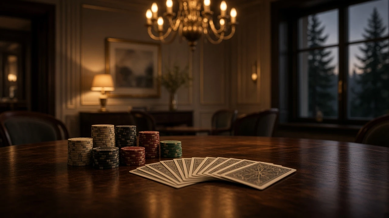 Elegant casinobord med marker och kort i varm belysning