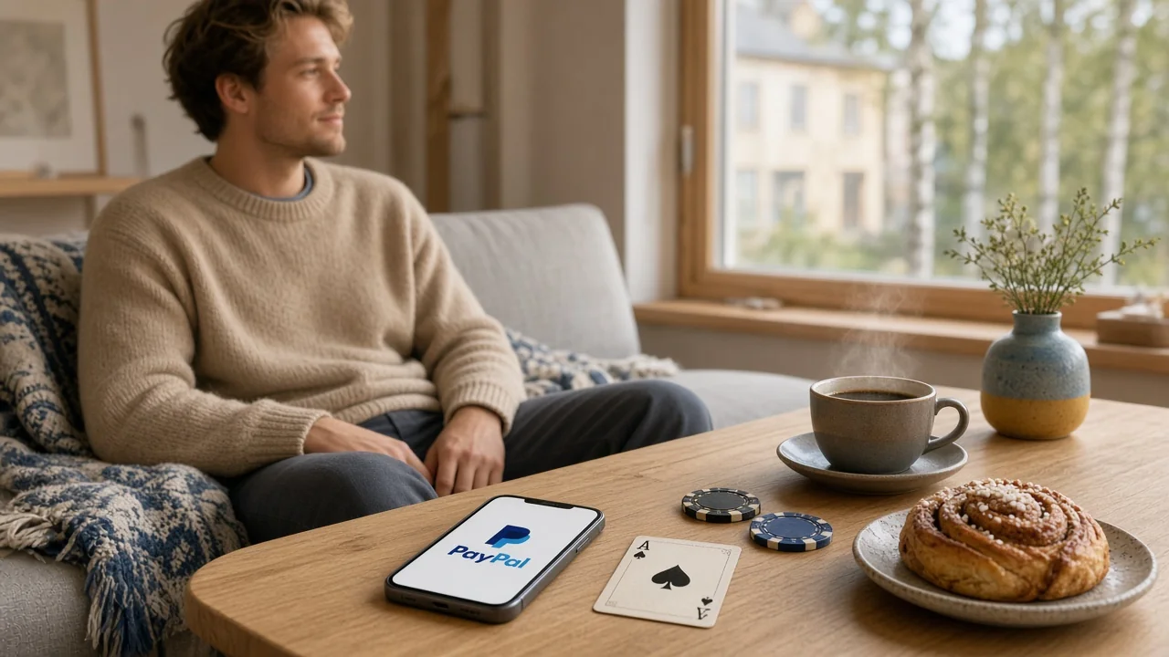 Svensk person i modernt vardagsrum med PayApp-betald telefon och casinotillbehör