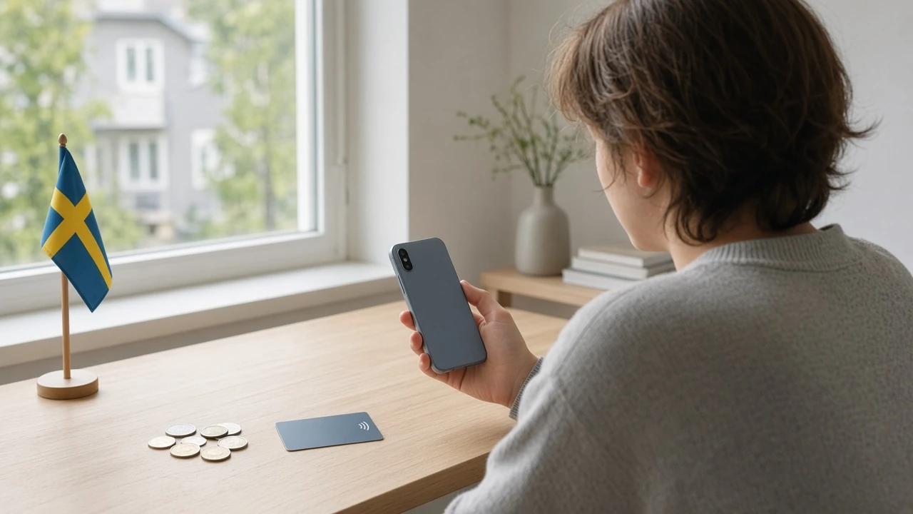 Person vid skrivbord håller smartphone med kontaktlöst kort och svenska kronor