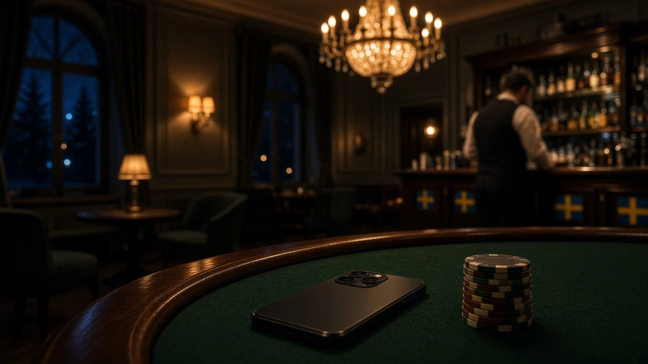 Tomt svenskt casinorum med nedåtvänd telefon och marker på bordet