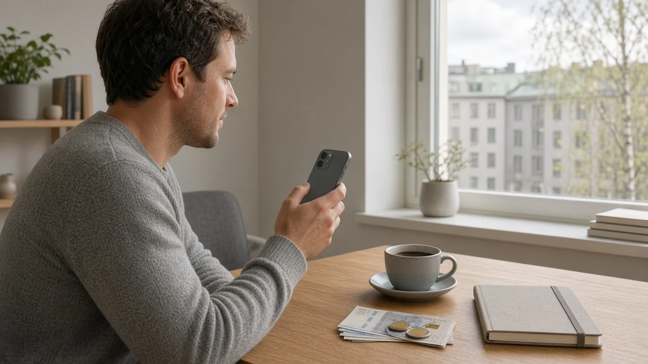Person i svensk hemmiljö som håller en mobiltelefon för att göra en SMS-betalning