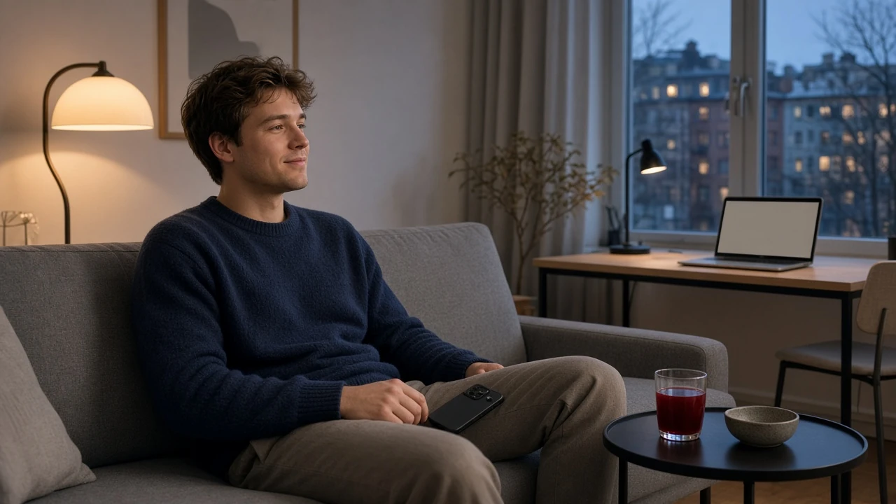 Person i modern svensk lägenhet med telefon och laptop utan synligt casinoinnehåll