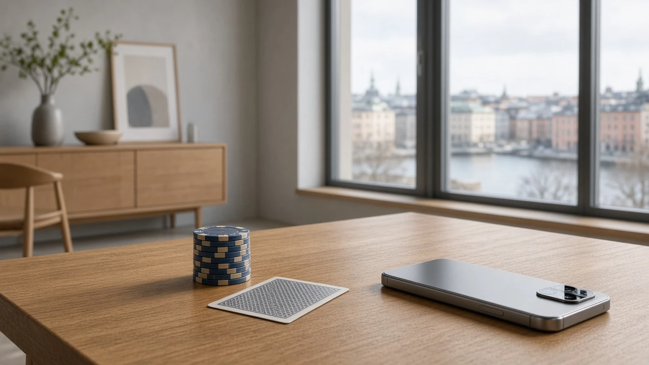 Minimalistiskt skandinaviskt bord med casinofigurer och en smartphone med Trustly-betalning