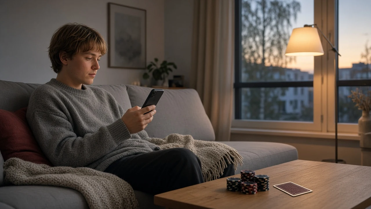 Person med iPhone i modern svensk lägenhet med casinokläder och mjukt kvällsljus