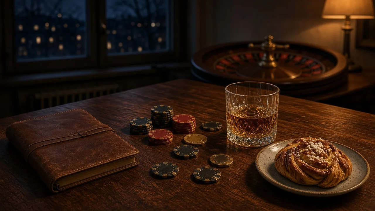 Casinochips, roulettehjul och whisky på ett mörkt bord i en svensk lägenhet