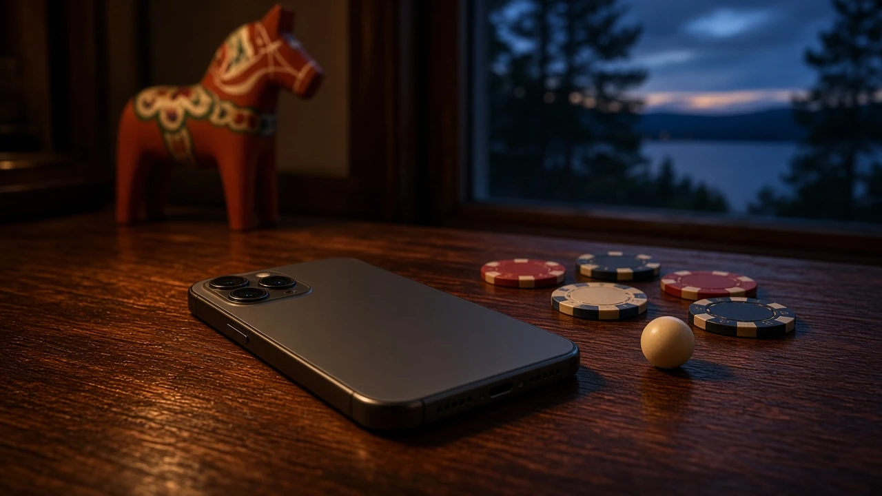 Smartphone med casinolegender och en dalahäst i bakgrunden