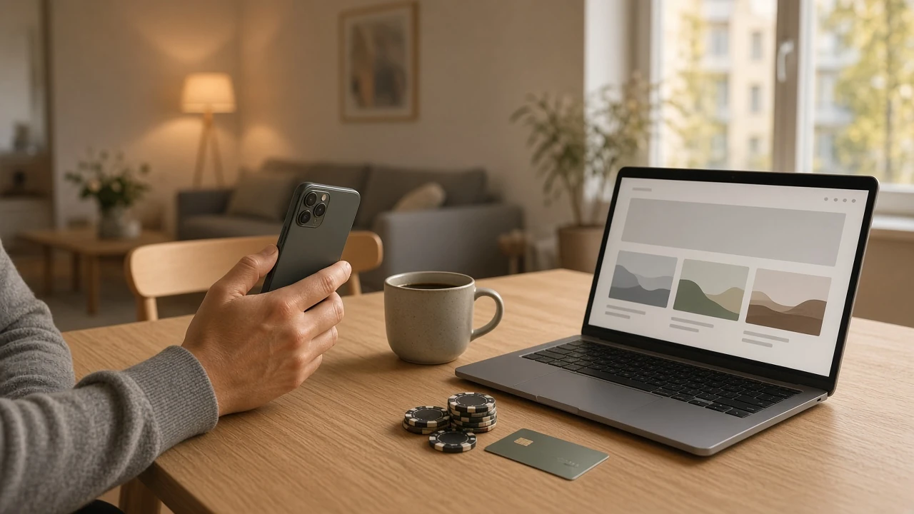 Svensk spelare med mobiltelefon och casinokärnor på ett nordiskt bord